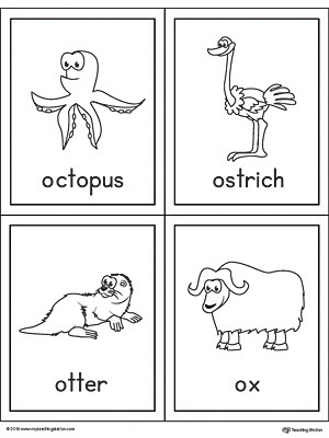 Letter O Words and Pictures Printable Cards: Octopus, Ostrich, Otter, Ox