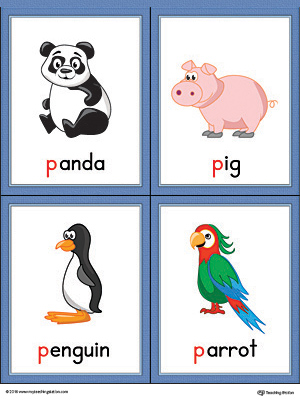 Letter P Words and Pictures Printable Cards: Panda, Pig, Penguin, Parrot (Color)