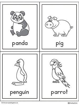 Letter P Words and Pictures Printable Cards: Panda, Pig, Penguin, Parrot