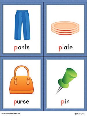 Letter P Words and Pictures Printable Cards: Pants, Plate, Purse, and Pin (Color)
