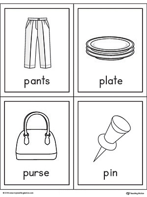 Letter P Words and Pictures Printable Cards: Pants, Plate, Purse, and Pin