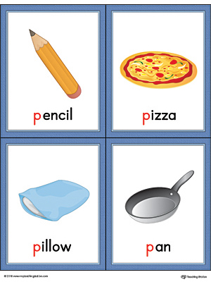 Letter P Words and Pictures Printable Cards: Pencil, Pizza, Pillow, Pan (Color)