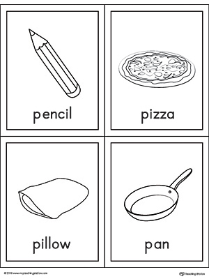 Letter P Words and Pictures Printable Cards: Pencil, Pizza, Pillow, Pan