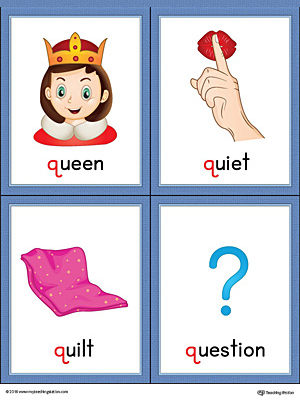 Letter Q Words and Pictures Printable Cards: Queen, Quiet, Quilt, Question (Color)