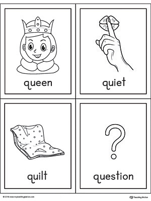 Letter Q Words and Pictures Printable Cards: Queen, Quiet, Quilt, Question