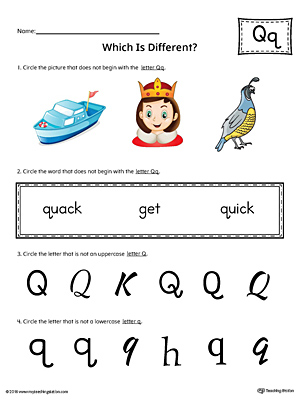 Use the Letter Q Which is Different in Color to practice identifying the uppercase and lowercase letter Q and it