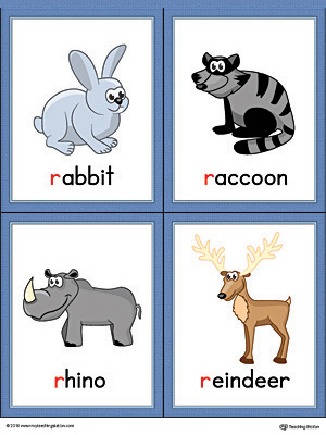 Letter R Words and Pictures Printable Cards: Rabbit, Raccoon, Rhino, Reindeer (Color)