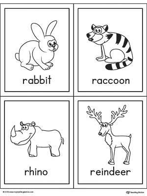 Letter R Words and Pictures Printable Cards: Rabbit, Raccoon, Rhino, Reindeer