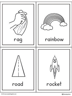 Letter R Words and Pictures Printable Cards: Rain, Rug, Run, Rock