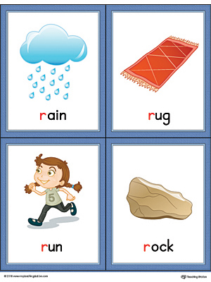 Letter R Words and Pictures Printable Cards: Rag, Rainbow, Road, Rocket (Color)