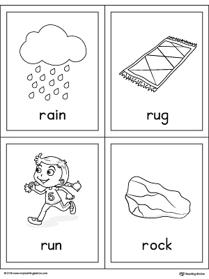 Letter R Words and Pictures Printable Cards: Rag, Rainbow, Road, Rocket