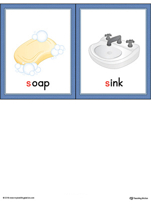 Letter S Words and Pictures Printable Cards: Soap, Sink (Color)