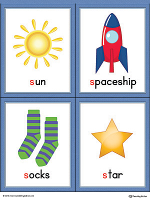 Letter S Words and Pictures Printable Cards: Sun, Spaceship, Socks