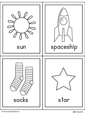 Letter S Words and Pictures Printable Cards: Sun, Spaceship, Socks, Star