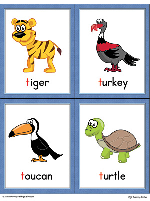 Letter T Words and Pictures Printable Cards: Tiger, Turkey, Toucan, Turtle (Color)