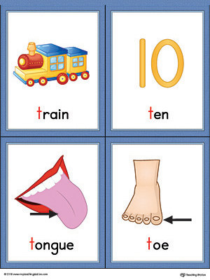 Letter T Words and Pictures Printable Cards: Train, Ten, Tongue, Toe (Color)