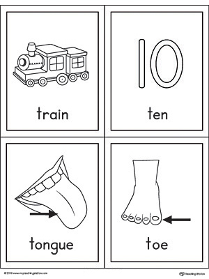 Letter T Words and Pictures Printable Cards: Train, Ten, Tongue, Toe