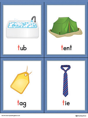 Letter T Words and Pictures Printable Cards: Tub, Tent, Tag, Tie (Color)