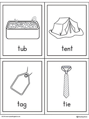 Letter T Words and Pictures Printable Cards: Tub, Tent, Tag, Tie
