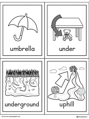 Letter U Words and Pictures Printable Cards: Umbrella, Under, Underground, Uphill