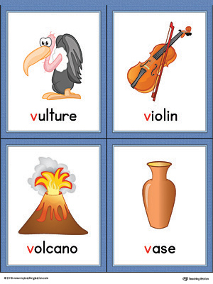 Letter V Words and Pictures Printable Cards: Vulture, Violin, Volcano, Vase (Color)