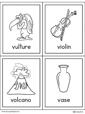 Letter V Words and Pictures Printable Cards: Vulture, Violin, Volcano, Vase