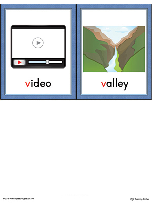 Letter V Words and Pictures Printable Cards: Video, Valley (Color)