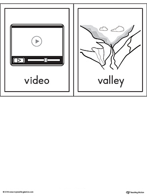 Letter V Words and Pictures Printable Cards: Video, Valley