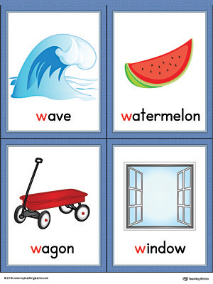 Letter W Words and Pictures Printable Cards: Wave, Watermelon, Wagon, Window (Color)