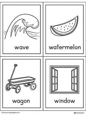 Letter W Words and Pictures Printable Cards: Wave, Watermelon, Wagon, Window