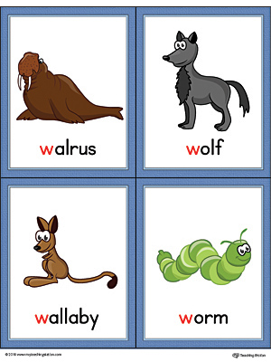 Letter W Words and Pictures Printable Cards: Walrus, Wolf, Wallaby, Worm (Color)
