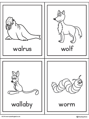 Letter W Words and Pictures Printable Cards: Walrus, Wolf, Wallaby, Worm