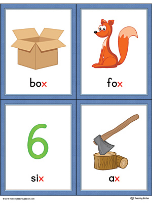 Letter X Words and Pictures Printable Cards: Box, Fox, Six, Ax (Color)