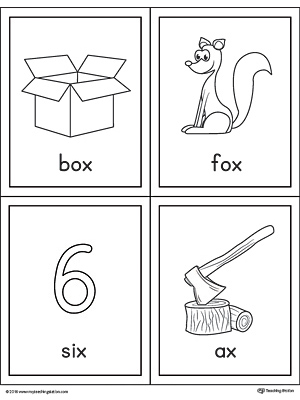 Letter X Words and Pictures Printable Cards: Box, Fox, Six, Ax