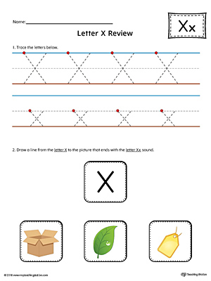 Use the Letter X Review in Color worksheet to help your student practice tracing and the ending sound of the letter X.