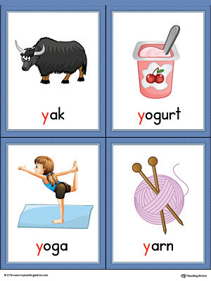 Letter Y Words and Pictures Printable Cards: Yak, Yogurt, Yoga, Yarn ...