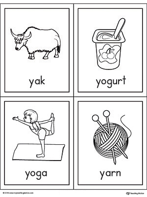 Letter Y Words and Pictures Printable Cards: Yak, Yogurt, Yoga, Yarn