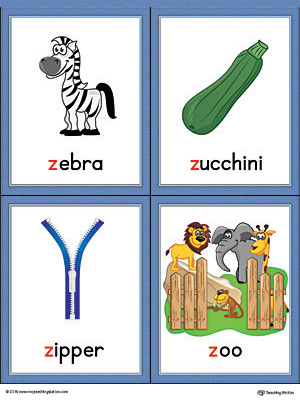 Letter Z Words and Pictures Printable Cards: Zebra, Zucchini, Zipper