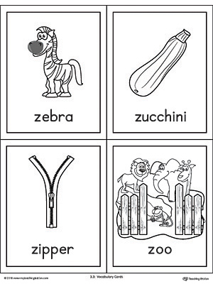 Letter Z Words and Pictures Printable Cards: Zebra, Zucchini, Zipper, Zoo