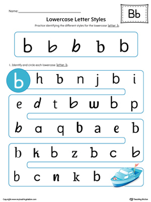 Practice identifying the different lowercase letter B styles with this colorful printable worksheet.
