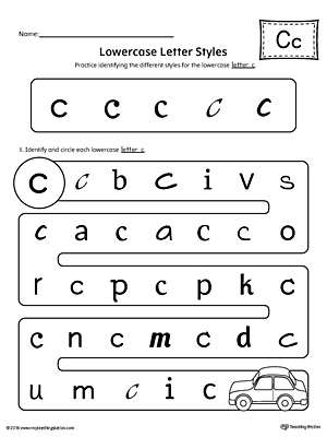 Practice identifying the different lowercase letter C styles with this kindergarten printable worksheet.