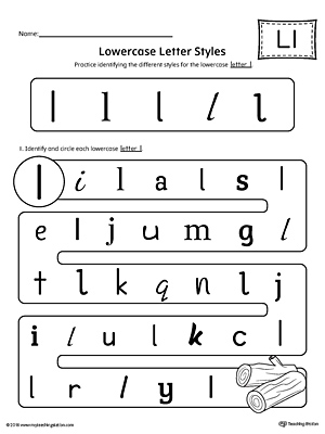 Practice identifying the different lowercase letter L styles with this kindergarten printable worksheet.