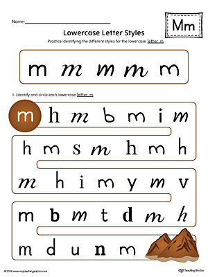 Practice identifying the different lowercase letter M styles with this colorful printable worksheet.