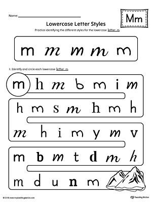 Practice identifying the different lowercase letter M styles with this kindergarten printable worksheet.