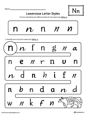 Practice identifying the different lowercase letter N styles with this kindergarten printable worksheet.