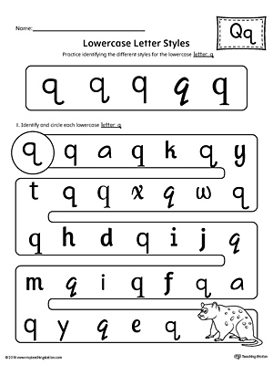 Practice identifying the different lowercase letter Q styles with this kindergarten printable worksheet.