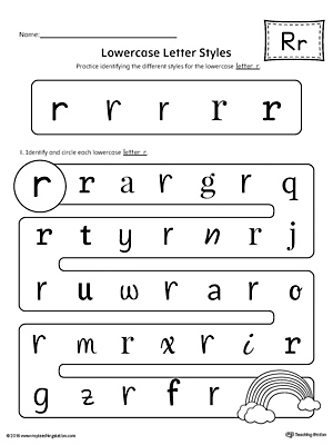 Practice identifying the different lowercase letter R styles with this kindergarten printable worksheet.