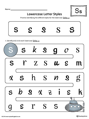 Practice identifying the different lowercase letter S styles with this colorful printable worksheet.