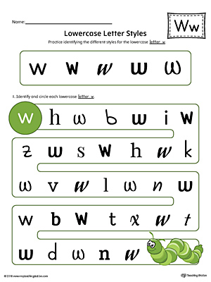 Practice identifying the different lowercase letter W styles with this colorful printable worksheet.