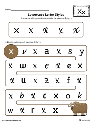 Lowercase Letter X Styles Worksheet (Color)